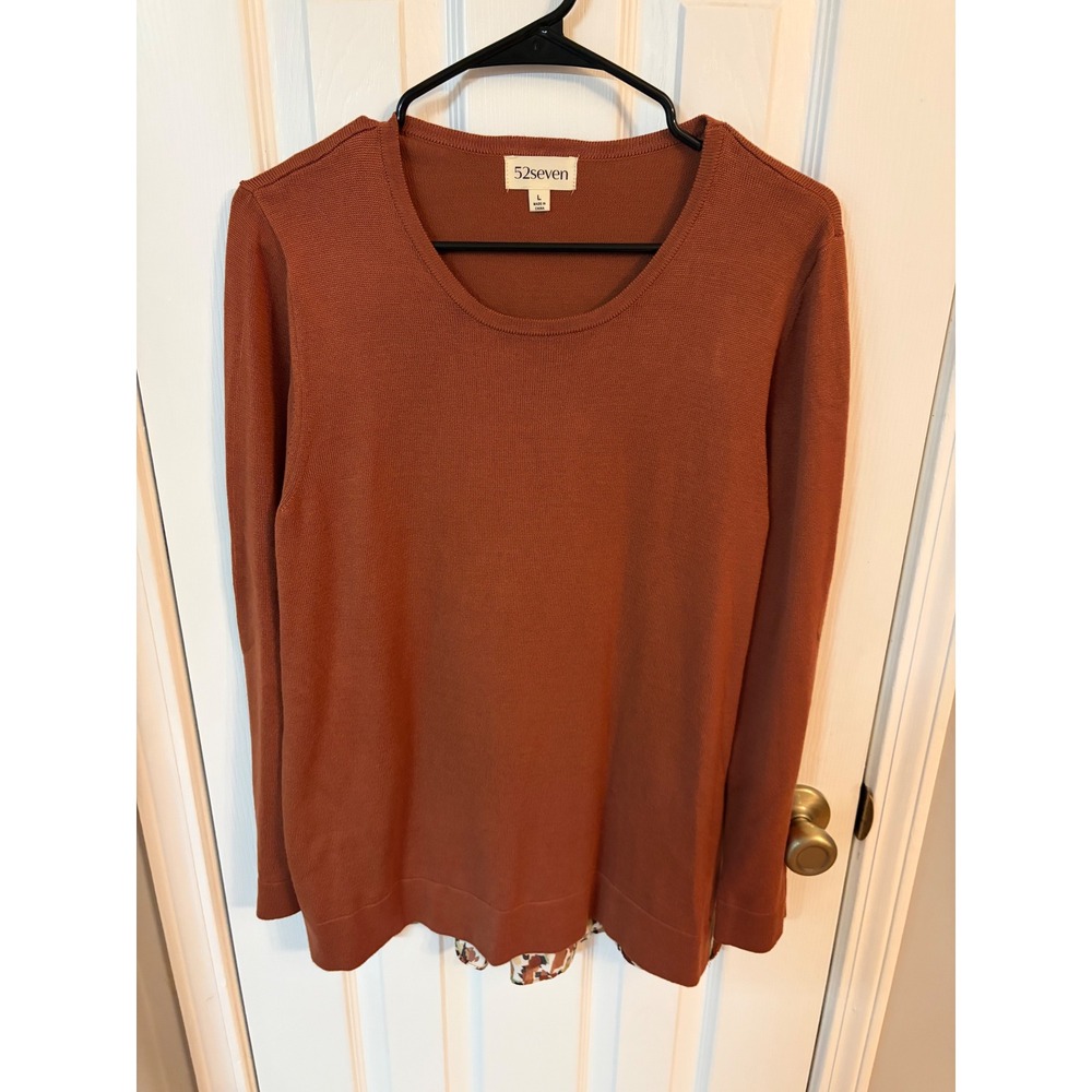 52seven Sweater Women Large Rust Orange Mixed Media Chiffon Back Long Sleeve